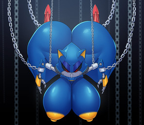 anthro areola big_breasts big_butt biped blue_body bound breasts butt chain chained clothing crossgender female footwear glistening glistening_body high_heels huge_butt machine mtf_crossgender nipples shoes thick_thighs revifrry sega sonic_the_hedgehog_(series) metal_sonic robot hi_res