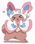 >o< ambiguous_gender blush blush_lines bottomless bow_ribbon brown_body brown_fur clothed clothing cosplay ears_up eyes_closed feral fur heart_symbol kemono on_one_leg open_mouth pink_clothing raised_tail ribbons simple_background solo standing tail topwear topwear_only tuft white_background white_clothing ke_mo_suke nintendo pokemon eevee eeveelution generation_1_pokemon generation_6_pokemon pokemon_(species) sylveon 2025 digital_media_(artwork) hi_res shaded simple_shading