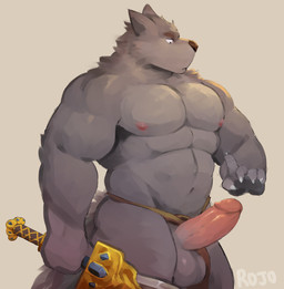 abs anthro balls bottomwear bottomwear_aside clothing clothing_aside erection fur genitals grey_body grey_fur humanoid_genitalia humanoid_penis loincloth loincloth_aside looking_down male melee_weapon muscular nipples nude pecs penis simple_background solo sword weapon astrodae elden_ring fromsoftware blaidd_(elden_ring) canid canine canis mammal wolf absurd_res hi_res