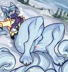 alternate_species anthro anus balls biped blue_body blue_eyes blue_hair blush bodily_fluids bottomless clothed clothing detailed_background femboy furrification genitals hair lying male on_back perineum scarf solo sweat loppifi nintendo pokemon grusha_(pokemon) alolan_form alolan_ninetales generation_7_pokemon pokemon_(species) regional_form_(pokemon) absurd_res hi_res