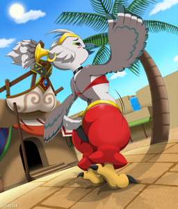 anthro choker clothed clothing cosplay crossdressing dancing ear_piercing ear_ring feet jewelry looking_at_viewer male motion_lines necklace palm_tree piercing plant ring_piercing smile solo tail talons toes tree wings kuramichan nintendo shantae_(series) tears_of_the_kingdom the_legend_of_zelda wayforward tulin_(tloz) avian rito absurd_res crossover hi_res