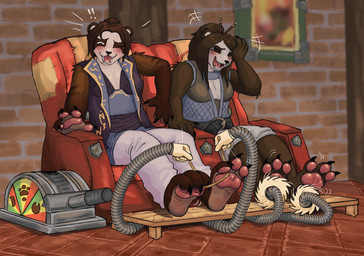 3_toes accessory anthro armrest bangs belt blue_top blush bodily_fluids body_blush bottomwear breasts brick brick_wall brown_body brown_fur brown_markings buckle chair claws cleavage clothed clothing countershade_feet countershade_hands countershading crying_laughing curling_toes cushion duo emanata exclamation_point eyes_closed fabric_belt facial_markings fancy_clothing fangs feet feet_up female floor foot_blush foot_fetish foot_focus fur furniture gloves green_eyes hair hair_accessory hair_sticks hand_on_armrest hands_in_lap handwear head_markings holding_head lapel laugh lever lidded_eyes looking_down looking_down_at_self machine markings massage_machine metal on_chair one_eye_closed open_mouth open_smile ornate_clothing painting_(object) pants parted_bangs patch_(fabric) pawpads pictogram pink_pawpads polisher polishing ponytail reaching reaching_down reaching_for_object red_chair robotic_arm robotic_hand round_ears short_ponytail shorts sitting sitting_on_chair sleeveless_shirt smile snout soles striped_body striped_fur stripes sweat sweatdrop tan_body tan_fur tears teeth tickling tickling_feet tickling_machine tile tile_floor toe_claws toe_flossing toe_wiggle toes tongue wall_(structure) white_bottomwear white_clothing white_pants wood wood_furniture wooden_beam jimmycervix blizzard_entertainment warcraft tiya_shortclaw bear mammal pandaren red_pandaren hi_res