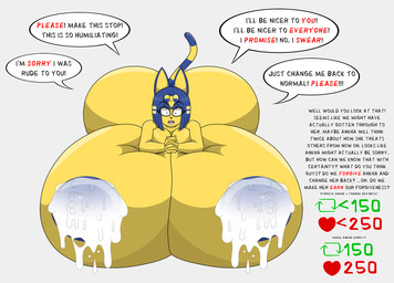 anthro ass_clapping begging_for_mercy begging_to_stop big_breasts big_butt big_nipples black_nose blinking blue_eyes blue_hair blue_nipples bodily_fluids breaking_the_fourth_wall breasts butt clasped_hands dialogue female fur growth_drive hair huge_breasts huge_butt huge_nipples hyper hyper_breasts hyper_butt lactating long_ears looking_at_viewer markings nipples sharp_teeth shocked short_hair solo speech_bubble striped_markings striped_tail stripes tail tail_markings teeth text yellow_body yellow_fur marshall123x_(artist) animal_crossing nintendo ankha_(animal_crossing) domestic_cat felid feline felis mammal animated english_text hi_res