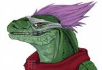 anthro brown_eyes green_body green_teeth hair kerchief male purple_hair simple_background solo teeth white_background britishviper my_hero_academia spinner_(my_hero_academia) lizard reptile scalie