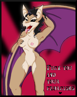 anthro black_eyes blood bodily_fluids breasts dialogue fangs female fondling genitals hand_on_breast holding_breast looking_at_viewer membrane_(anatomy) membranous_wings nipples nude self_fondle solo teeth text vulva wings mazapan bat mammal undead vampire english_text