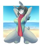 anthro barefoot beach blush breasts crouching day feet female green_eyes green_hair green_one-piece_swimsuit hair hand_behind_head looking_up outside red_scarf sand scarf seaside smile solo water articaartes emerald_verdania lagomorph leporid mammal rabbit absurd_res hi_res