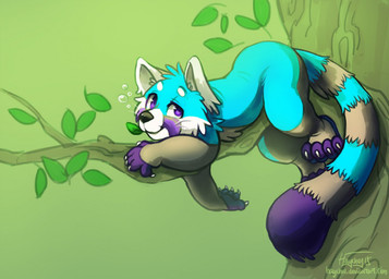 4_toes 5_fingers ambiguous_gender black_nose blue_body blue_fur bubble claws drunk feet feral fingerless_(marking) fingers fur fur_markings green_background grey_body grey_fur leaf looking_at_viewer lying markings multicolored_body multicolored_fur on_front plant purple_body purple_eyes purple_fur quadruped simple_background smile solo substance_intoxication text toeless_(marking) toes tree whiskers white_body white_fur haychel ailurid mammal red_panda 2015 digital_media_(artwork) signature url