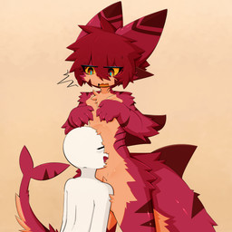 4_fingers anthro arm_markings arm_tuft blue_pupils blush blush_lines crotch_tuft cute_fangs duo ear_markings elbow_tuft emanata eye_through_hair eyebrow_through_hair eyebrows eyes_closed facial_markings facial_tuft fangs fin fingers fluffy fluffy_tail fur fur_markings gills glistening glistening_body hair head_fin head_markings leg_markings looking_pleasured male markings multicolored_eyes open_mouth orange_background orange_body orange_eyes orange_fur pointy_ears pupils red_body red_eyes red_fin red_fur red_hair red_markings shark_tail shoulder_tuft simple_background striped_ears tail tail_markings tail_tuft teeth translucent translucent_hair tuft yellow_sclera gaogomon gaogomon_(oc) aquatic fish furred_kobold furred_scalie furred_shark humanoid kobold scalie shark 1:1 2025 absurd_res hi_res