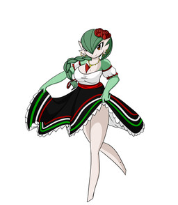 accessory beads big_breasts braided_hair breasts brown_eyes cleavage clothed clothing clothing_grab clothing_lift cross cross_necklace ear_piercing ear_ring female green_hair hair hair_accessory hair_ribbon jewelry markings mexican mexican_dress mole_(marking) necklace not_furry piercing prayer_beads ribbons ring_piercing rosary simple_background solo white_background davidsillo independence_day_(mexico) nintendo pokemon soledad_(atomic417) gardevoir generation_3_pokemon pokemon_(species) 2020 hi_res