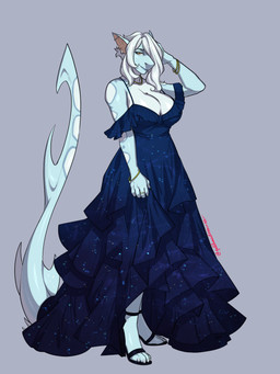 anthro big_breasts blue_body bracelet breasts cleavage clothed clothing dress ear_piercing feet female footwear hair high_heels jewelry long_dress long_hair looking_at_viewer nails necklace non-mammal_breasts piercing shark_fin shark_tail shoes simple_background solo spots tail text white_hair white_spots goddamnitrobin aria_(ariadeepwaters) aquatic fish ground_shark leopard_shark shark triakid 2025 3:4 colored digital_drawing_(artwork) digital_media_(artwork) full-length_portrait hi_res portrait shaded signature watermark