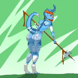anthro big_butt bodypaint breasts butt butt_focus female fishing horn kerchief looking_at_viewer markings medium_breasts melee_weapon nipples non-mammal_breasts non-mammal_nipples nude polearm raised_tail rear_view side_boob solo spear spearfishing tail thick_thighs tribal tribal_markings weapon hcrimsonknight kobold scalie 1:1 hi_res