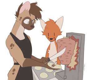 anthro apron apron_only arms_at_sides arms_bent arms_down belly black_apron black_clothing black_shirt black_tank_top black_topwear bright_eyes brown_body brown_fur brown_hair clothing cooking doner_kebab dot_eyes duo facial_markings food fur gloves_(marking) hair head_markings holding_knife holding_object kebab knife looking_down male male/male markings meat orange_body orange_fur pink_ears roasting_spit shawarma shirt simple_background simple_eyes slicing slim slim_male slouching smile spots spotted_body spotted_fur tank_top topwear white_background white_belly white_belly_hair mangoyena canid canine fox hyena mammal digital_media_(artwork) flat_colors hi_res