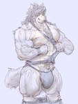 2023 abs absurd_res anthro body_hair bottomwear bottomwear_down bulge canid canine canis chest_tuft clothed clothing domestic_dog facial_hair flexing fur genitals grey_body grey_fur grey_hair hair happy_trail hi_res husky kouya_(morenatsu) male mammal morenatsu muscular muscular_anthro muscular_male nipple_piercing nipples nordic_sled_dog pants pants_down partially_clothed pecs penis penis_base piercing pubes restricted_palette shirt sideburns smile smirk solo spitz tan_body tan_fur tank_top topwear tuft yellow_eyes yunu38