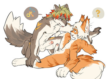 anthro anthro_on_anthro aroused asking balls bodily_fluids brown_body brown_fur claws countershade_torso countershading crotch_tuft duo ears_back erection eye_contact facing_each_other foreskin fur gender_symbol gender_symbol_penetration genital_fluids genitals hair humanoid_genitalia humanoid_penis imminent_sex inner_ear_fluff interspecies kemono kneeling lewd_symbolism looking_at_another male male/male male/male_symbol male_symbol orange_body orange_fur pawpads penis penis_size_difference pivoted_ears precum precum_string question_mark reclining sexuality_symbol simple_background smile spread_legs spreading striped_body striped_fur stripes symbol tail tuft white_background milkybot hu_ku_li_(milkybot) canid canine canis domestic_cat domestic_dog felid feline felis mammal 2022 hi_res pictographics
