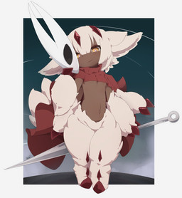 brown_body cape claws clothing female hair mask multi_arm multi_limb navel solo weapon white_hair yellow_eyes nade hollow_knight:_silksong hollow_knight_(franchise) made_in_abyss team_cherry faputa humanoid narehate hi_res