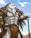 5_fingers abs anthro armguards bait beard biceps biped black_nose body_hair bottomwear chest_hair clothed clothing cloud detailed_background eyebrows facial_hair fingers fur grey_body grey_eyebrows grey_fur grey_pubes humanoid_hands inner_ear_fluff loincloth male mountain_range muscular muscular_anthro muscular_male pecs pubes sky solo thick_eyebrows tuft yellow_sclera nao901 sdorica law_(sdorica) canid canine canis mammal wolf 2022 colored hi_res portrait three-quarter_portrait