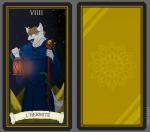 brown_hair card card_template clothed clothing desert fortune_telling fully_clothed fur glowing green_eyes grey_body grey_fur hair lamp lantern looking_at_viewer major_arcana male night robe roman_numeral simple_background sky smile solo staff standing star starry_sky suit tarot tarot_card text the_hermit_(tarot) lupelongo ren_(siervi) canid canine canis mammal reptile scalie snake wolf 2019 digital_media_(artwork) french_text translated