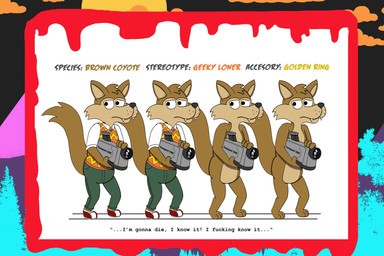 1980s_theme anthro blood bodily_fluids bottomwear bright_colors brown_body brown_fur brown_nose camera cheek_tuft chest_tuft clothing collared_shirt denim denim_bottomwear denim_clothing facial_tuft fangs feet footwear fur jeans male nerd no_genitals nude pants pointy_ears profanity quote sad shirt shoes sneakers snout solo sweater sweater_vest tail teeth text toes topwear tuft vest alystairphantem the_party_animals vhs kyle_sanders_(the_party_animals) canid canine canis coyote mammal 3:2 absurd_res english_text hi_res model_sheet