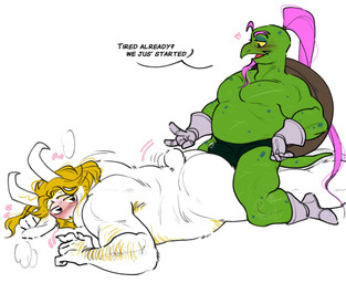 anthro belly blonde_hair blush bodily_fluids briefs bulge butt clothing duo erection erection_under_clothing from_behind_position fur genital_fluids green_body hair heart_symbol imminent_sex long_hair male male/male mature_anthro mature_male nude pink_hair ponytail precum precum_through_clothing prone_bone_position sex size_difference small_dom_big_sub underwear wet wet_clothing white_body white_fur rodenngarabatos deltarune undertale_(series) asgore_dreemurr gerson_boom_(deltarune) boss_monster_(undertale) bovid caprine goat mammal reptile scalie turtle absurd_res hi_res