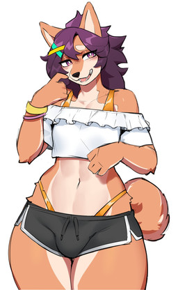 anthro biped black_bottomwear black_clothing black_shorts blush blush_lines bottomwear bulge clothing femboy fur glistening_eyelids hair male multicolored_body navel pupils purple_hair shirt shorts simple_background smile tail teeth thick_thighs thong_straps topwear ventral_groove white_clothing zerpreros makoto_(zerpreros) canid canine canis domestic_dog mammal hi_res