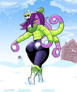 4_arms accessory big_butt black_clothing black_leggings black_legwear boots butt cabin clothed clothing cloud coat day detailed_background door eyebrows eyelashes female footwear fully_clothed hair hair_accessory hair_over_eye half-closed_eyes hat headgear headwear holding_snowball leggings legwear lips long_hair looking_at_viewer looking_back looking_back_at_viewer multi_arm multi_limb narrowed_eyes open_mouth orange_boots orange_clothing orange_footwear outside purple_body purple_hair purple_skin rear_view shoes skull_accessory small_waist snow snowing snowman solo tentacle_arms thick_lips thick_thighs top_hat topwear walking white_eyes wide_hips window winter yellow_clothing yellow_coat yellow_sclera yellow_topwear lobsteritus ayo_(lobsteritus) animal_humanoid aquatic aquatic_humanoid cephalopod cephalopod_humanoid humanoid mollusk mollusk_humanoid octopus_humanoid 2024 absurd_res cel_shading clip_studio_paint_(artwork) dated digital_media_(artwork) full-length_portrait hi_res portrait shaded signature