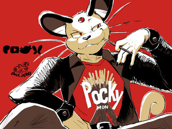 anthro anthrofied belt black_belt black_clothing black_ears black_nose black_topwear bottomwear brown_bottomwear brown_clothing brown_pants clothed clothing fangs food fully_clothed fur light_body light_fur pants pokemorph red_background red_clothing red_eyes red_shirt red_topwear shirt simple_background teeth topwear dahecksajerry nintendo pocky pokemon cash_(dahecksajerry) felid feline generation_1_pokemon mammal persian_(pokemon) pokemon_(species) 4:3