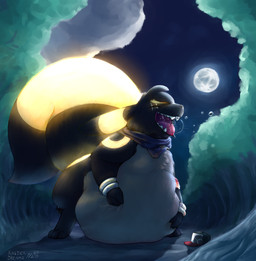 abdominal_bulge ambiguous_gender belly belly_on_ground belly_press big_tail black_body black_fur bodily_fluids bracelet burping clothing eyes_closed feral forest forest_background full_moon fur glowing glowing_markings grey_body grey_fur hat head_tuft headgear headwear heterochromia jewelry markings moon night open_mouth paw_on_belly paws plant saliva saliva_string satisfied_look scarf slightly_chubby tail teeth teeth_showing tongue tongue_out tree tuft vore raster_dreams nintendo pokemon eeveelution generation_2_pokemon pokemon_(species) umbreon absurd_res hi_res