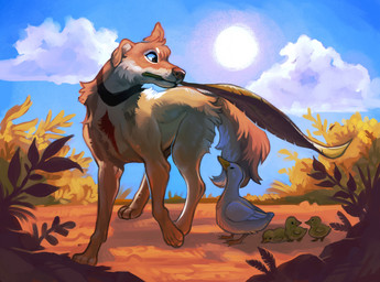 4_toes beak biped cloud day detailed_background digitigrade feathers feet feral fur group light outside size_difference sky sun sunlight toes hoot_(artist) pidge_(hoot) anatid anseriform avian bird canid canine canis domestic_dog duck mammal 2021 digital_media_(artwork) digital_painting_(artwork) lighting painting_(artwork) shaded