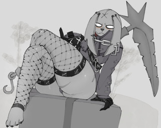 anthro clothing crossed_legs fishnet_clothing fishnet_legwear legwear looking_at_viewer male melee_weapon polearm scythe sitting solo thick_thighs weapon wide_hips ongongio epic_games fortnite nitehare_(fortnite) hare lagomorph leporid mammal rabbit