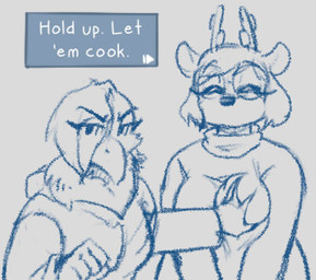2_horns anthro antlers beak big_breasts breast_grab breasts clothed clothing duo eyebrows eyes_closed eyewear female glasses hair hair_over_eye hand_on_breast hoodie horn looking_at_viewer neck_tuft round_glasses short_hair standing sweater text text_box topwear tuft turtleneck wearing_glasses canisfidelis clara_(canisfidelis) eliza_(canisfidelis) avian bird corvid corvus_(genus) crow deer mammal new_world_deer oscine passerine reindeer 2024 english_text hi_res sketch