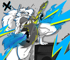 anthro big_breasts blue_hair bottomwear breasts clothing electric_guitar female fire fur grin guitar hair huge_breasts looking_at_viewer multicolored_hair muscular muscular_anthro muscular_female musical_instrument one_eye_obstructed playing_music plucked_string_instrument sharp_teeth smile solo string_instrument teeth text thick_thighs topwear under_boob white_body white_fur white_hair glubtastic x_(glubtastic) canid canine canis mammal wolf 2023 english_text hi_res signature