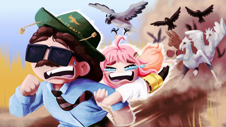 >_< ambiguous_gender australia australian australian_hat beak belt black_beak black_body black_bottomwear black_clothing black_feathers black_feet black_pants black_wings bodily_fluids boots bottomwear brown_belt brown_body brown_boots brown_clothing brown_ears brown_footwear brown_fur brown_hair chasing clothing collared_shirt crying d: dirt_path duo_focus dust dust_cloud eyes_closed eyewear facial_hair feathers feet female feral fist fleeing footwear frown fur gradient_hair grass green_clothing green_hat green_headwear grey_body grey_feathers grey_wings group hair hat headgear headwear holding_another holding_another's_arm holding_arm humor legwear long_hair long_legs male monotone_body motion_lines mullet mustache necktie not_furry not_furry_focus open_frown open_mouth orange_beak pants pattern_necktie pink_hair plant running running_away scared shirt shoes shorts sky striped_necktie sunglasses sunglasses_on_face talons tassels tears teeth teeth_showing text thigh_boots thigh_highs toes tongue topwear white_body white_clothing white_feathers white_shirt white_topwear white_wings wings yellow_beak yellow_bottomwear yellow_clothing yellow_feet yellow_shorts youtube_thumbnail youtuber dudelings vtuber youtube parz_(youtube) shyaren accipitriform avian bird finch human kangaroo macropod mammal marsupial oscine passerine secretary_bird shrike vampire_ground_finch 16:9 2025 english_description english_text widescreen trans_(lore) trans_woman_(lore)