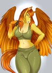 5_fingers anthro big_breasts blonde_hair bottomwear breasts cleavage clothed clothing eyebrows eyelashes feathered_wings feathers female fingers green_eyes hair hand_on_hip legs_together long_hair looking_at_viewer midriff navel pants shirt smile solo standing tank_top topwear wings yellow_body yellow_feathers yoga_pants velvet_requiem mythology equid equine mammal mythological_creature mythological_equine pegasus 2024 hi_res