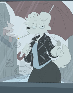 :3 clothing floppy_ears fur jacket male raining smoking thick_thighs tired topwear umbrella white_body white_fur lumpy_(artist) aquatic canid canine canis domestic_dog fish mammal pufferfish tetraodontiform hi_res