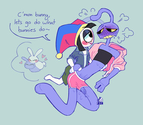 anthro biped black_hair blue_clothing blue_eyes blue_shirt blue_topwear blush bodily_fluids bottomwear butt clothed clothed_anthro clothed_female clothed_male clothing duo female femboy flustered fool's_hat foreskin genital_fluids genitals green_bottomwear green_clothing green_shorts hair hat headgear headwear jacket jester jester_outfit male male/female penis pink_bottomwear pink_clothing pink_jacket pink_shorts pink_topwear precum purple_body rabbit_ears red_clothing red_eyes shirt shorts sweat tail tail_fetish tail_play topwear yellow_eyes fsc glitch_productions the_amazing_digital_circus jax_(tadc) pomni_(tadc) animal_humanoid humanoid lagomorph lagomorph_humanoid leporid leporid_humanoid mammal mammal_humanoid rabbit rabbit_humanoid hi_res