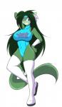 anthro bangs big_breasts black_nose blue_eyes bodysuit breasts clothed clothing ear_tuft female fur green_body green_fur green_hair hair huge_breasts inner_ear_fluff leotard long_hair simple_background skinsuit solo thick_thighs tight_clothing tuft white_background mastergodai knuckle_up! hawke_(mastergodai) domestic_cat felid feline felis mammal hi_res