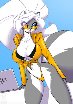 anthro big_breasts big_hair bikini black_body black_fur blue_eyes breasts cleavage clothed clothing computer electronics eye_through_hair eyewear female fur hair huge_breasts laptop looking_at_viewer midriff outside shirt sky small_waist solo sunglasses swimwear thick_thighs tied_shirt topwear translucent translucent_hair two-piece_swimsuit white_body white_fur white_hair wide_hips conditional_dnp jollyjack chloe_sinclaire mammal mephitid skunk 2022