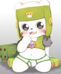 anthro armor belly blush briefs bulge clothing colored_seam_underwear fur green_seam_underwear headgear helmet male navel slightly_chubby solo tighty_whities underwear white_body white_briefs white_clothing white_fur white_underwear young young_anthro toruu bandai_namco digimon digimon_frontier digimon_(species) kumamon absurd_res hi_res