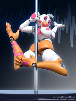 anthro beak beak_lips beakstick breasts clothing dancing female footwear furgonomics genitals high_heels lipstick machine makeup nipples non-mammal_breasts non-mammal_nipples pole pole_dancing shoes solo text vulva idsaybucketsofart five_nights_at_freddy's freddy_fazbear's_pizzeria_simulator scottgames funtime_chica_(fnaf) animatronic avian bird chicken galliform phasianid robot 3:4 3d_(artwork) digital_media_(artwork) hi_res url