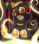 accessory anthro biped book bow_ribbon breasts brown_eyes brown_hair cauldron cleavage clothed clothing female furgonomics hair hat headgear headwear holding_book holding_object potion ribbons solo tail tail_accessory tail_bow tail_ribbon witch_costume witch_hat zyira hyena mammal digital_media_(artwork) hi_res shaded