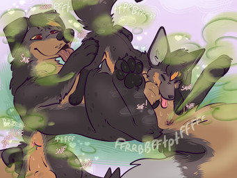 anus balls butt_sniffing dipstick_tail duo fart fart_cloud fart_fetish farting_on_another farting_on_face feral fur genitals green_fart_cloud hair male markings nude open_mouth pawpads paws simple_background size_difference sniffing tail tail_markings tongue tongue_out pariahpuppy korwin bat-eared_fox canid canine canis domestic_dog fox mammal molosser mountain_dog saint_bernard 4:3 hi_res