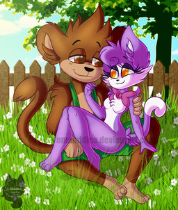 :3 anthro black_nose bow_(feature) bow_tie breasts clothing duo featureless_breasts female garden love machine male male/female mostly_nude nude outside romantic romantic_ambiance romantic_couple size_difference amanddica fazbear_fanverse five_nights_at_candy's chester_(fnac) cindy_(fnac) animatronic domestic_cat felid feline felis haplorhine mammal monkey primate robot 2017 hi_res watermark