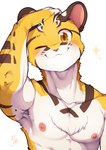 anthro areola blush countershade_arms countershade_face countershade_fur countershade_torso countershading fur kemono looking_at_viewer male nipples one_eye_closed simple_background smile smiling_at_viewer solo white_background yellow_body yellow_fur unrealplace raier_(unrealplace) felid feline leopard_cat mammal prionailurus absurd_res hi_res