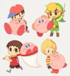 clothing group hat headgear headwear humanoid_pointy_ears male not_furry pointy_ears wusagi2 animal_crossing earthbound_(series) kirby_(series) nintendo the_legend_of_zelda wind_waker kirby lucas_(earthbound) ness toon_link villager_(animal_crossing) alien human humanoid hylian mammal waddling_head crossover