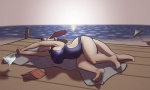 5:3 anthro beach big_breasts breasts clothing detailed_background female frank_westerveldt kangaroo macropod mammal marsupial one-piece_swimsuit outside pose ritts sand seaside sky slightly_chubby solo swimwear tail water wide_hips