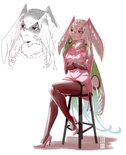 antennae_(anatomy) black_sclera blue_eyes breasts butt clothed clothing crossed_arms female fishnet_clothing fishnet_legwear footwear fur furniture green_hair hair high_heels legwear long_hair looking_at_viewer neck_tuft open_mouth shoes simple_background sitting solo stool tuft white_body white_fur white_hair egocider vtuber juniper_actias animal_humanoid arthropod arthropod_humanoid humanoid insect insect_humanoid lepidopteran lepidopteran_humanoid moth 2019 absurd_res hi_res