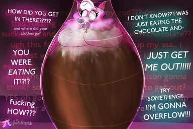 big_breasts blush blushing_profusely breasts candy chocolate dessert dripping female food inflation nude nude_female overweight overweight_female pipe profanity shocked solo stuck stuck_in_pipe text trapped blueberripi-vi super_lesbian_animal_rpg melody_amaranth canid canine fox mammal english_text hi_res watermark trans_(lore) trans_woman_(lore)