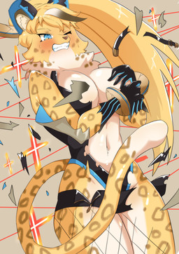 anthro armor big_breasts blonde_hair blue_eyes blush bodily_fluids breasts clenched_teeth clothing covering covering_breasts curvy_figure female fishnet_clothing fishnet_legwear hair holding_breast hourglass_figure legwear leopard_spots long_hair navel neck_tuft one_eye_closed solo spots sweat teeth thick_thighs tight_clothing torn_clothing tuft unconvincing_armor karakusa.p lifewonders live_a_hero maculata cheetah felid feline leopard mammal pantherine absurd_res hi_res