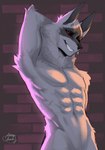 abs anthro arm_tuft athletic brick_wall casual_nudity cheek_tuft elbow_tuft facial_markings facial_tuft fluffy fur fuzzy grey_body grey_fur grin half-closed_eyes hand_behind_head head_markings looking_at_viewer male markings mask_(marking) muscular muscular_anthro muscular_male narrowed_eyes neck_tuft nude obscured_genitals pecs pointy_ears prick_ears raised_arm red_background red_eyes seductive simple_background smile solo standing teeth tuft wall_(structure) lazychaek dreamworks puss_in_boots_(franchise) death_(puss_in_boots) canid canine canis mammal wolf hi_res