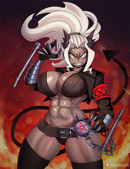 abs big_breasts breasts cleavage clothed clothing female hair not_furry occult_symbol pentagram solo spade_tail symbol tail white_hair ezzyecchi helltaker judgement_(helltaker) demon demon_humanoid humanoid absurd_res hi_res